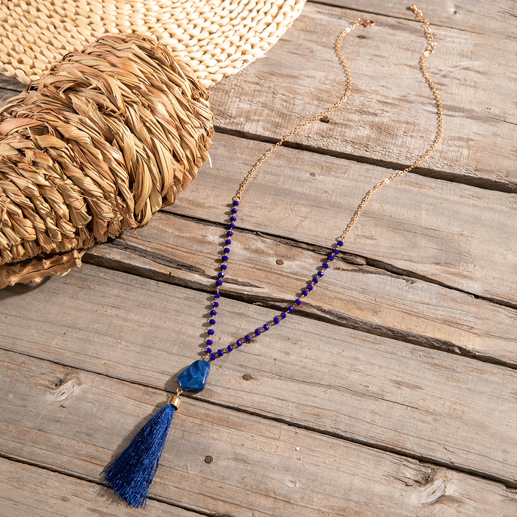 Simple Colorful Beaded Tassel y Chain Necklace Elegant Versatile Diamond-Studded Sweater Chain Jewelry