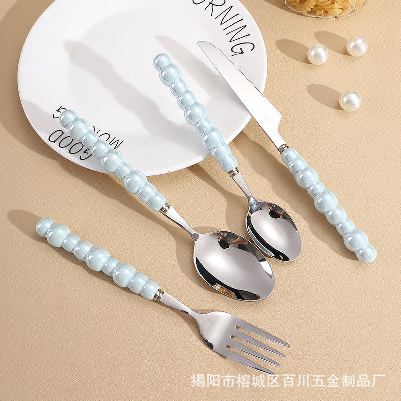 Pearl Ceramic Handle Knife European Style Set Light Luxury Nordic Style304Stainless Steel Western Cutlery Knife Fork Spoon INS
