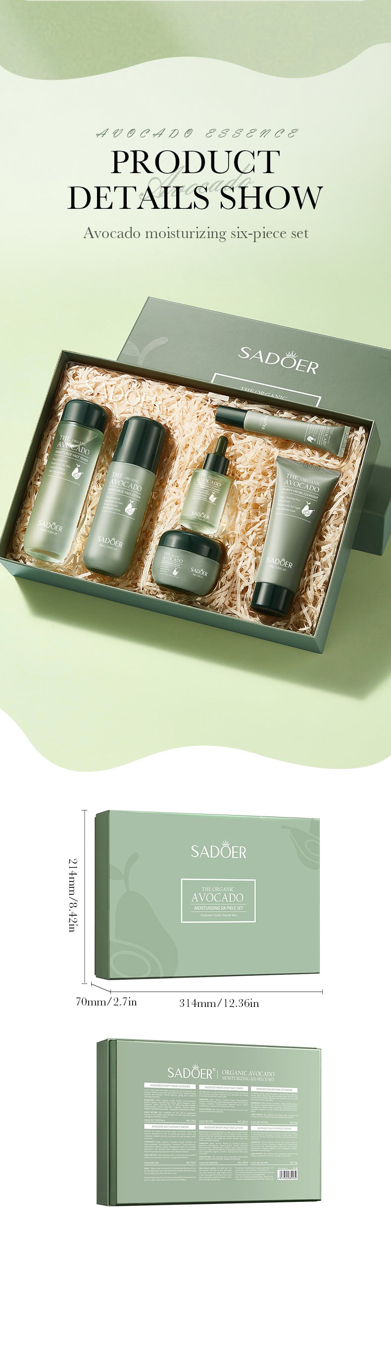 Full English Avocado Skincare Set SADOER Cleansing, hydrating, and moisturizing six-piece set for  foreign trade wholesale