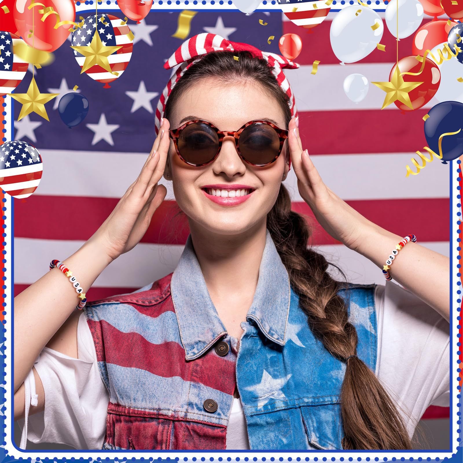 Independence Day Soft Clay Bracelet Set Flag Mixed Color Elastic Beads USA Alphabet Soft Clay Bracelet