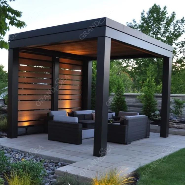 Outdoor Garden Motorized Louvered Roof System Bioclimatic Pergola Outdoor Aluminum Pergola With Sliding Glass Door and Louvered