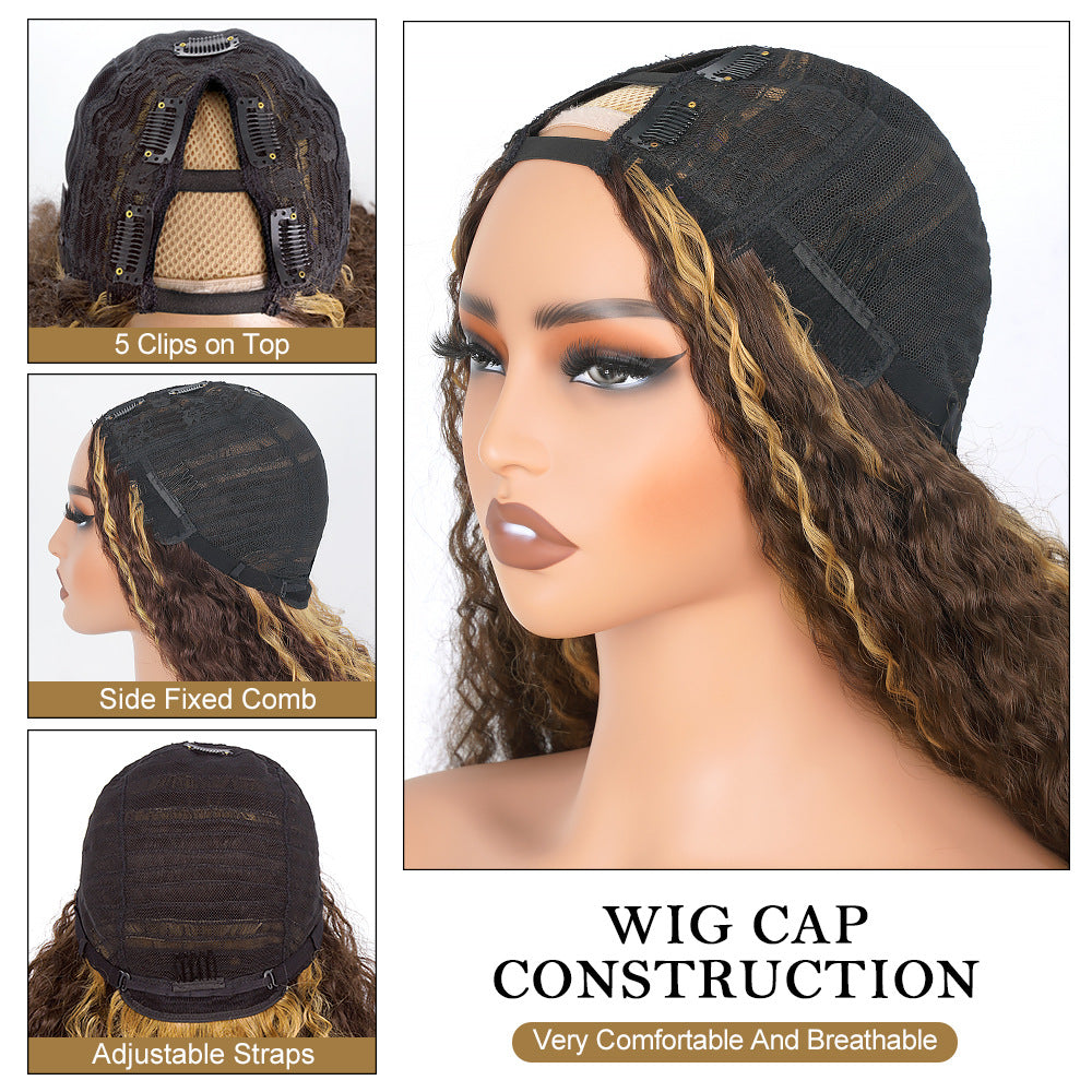 Africa YAKI Curl Synthetic Hair V part Wig Top of Head Hollow Out