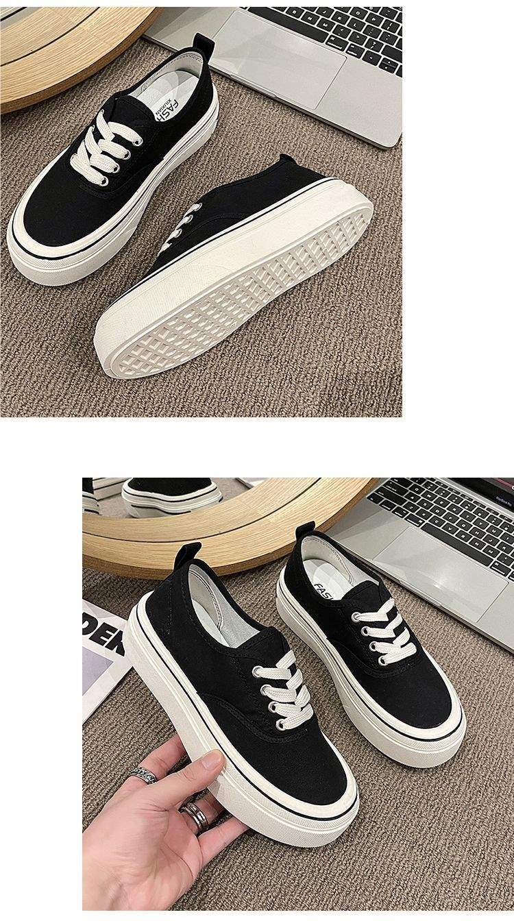 Black canvas shoes for female students Korean style new sneakers2025Spring Japanese Style Thick-Soled Casual Dopamine White Sneakers