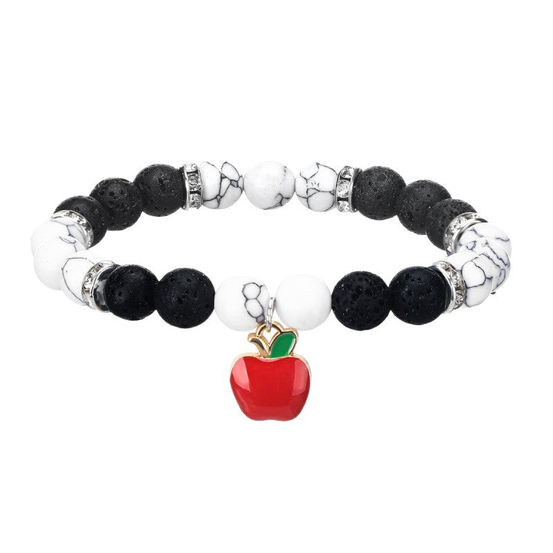 Gratitude Teacher Gift Bracelet White Pine Volcanic Stone8mm Beaded Elastic Bracelet Teacher's Day Apple Pendant Bracelet