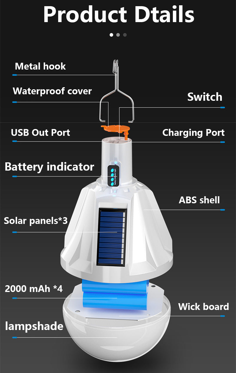 New tent light solar rechargeable bulb light for outdoor camping LED Tent light Portable Emergency Light