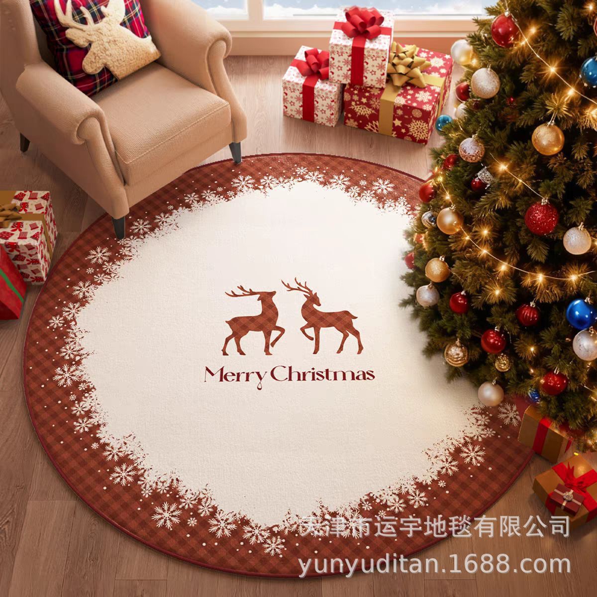 Christmas Carpet Round Living Room Crystal Velvet Floor Mat Christmas Decoration Atmosphere Mat Christmas Tree Floor Mat Customizable