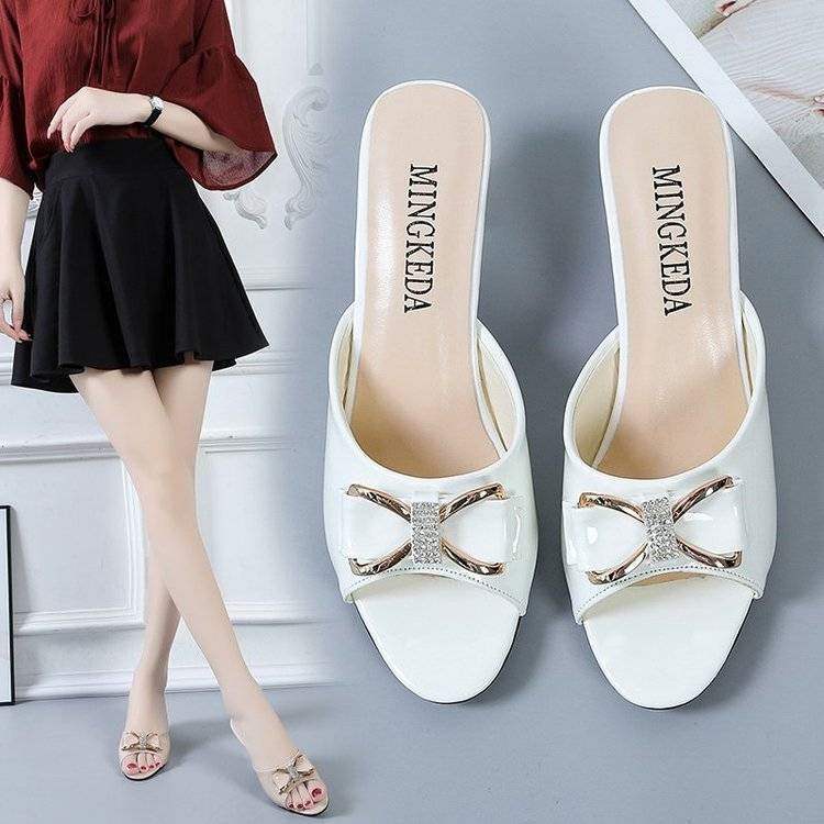 Korean Version Fashion Versatile Bowknot Thin Heel High Heels Women's Outdoor Wear Mid Heel Peep Toe Slippers Large Size Sandals Women's Shoes