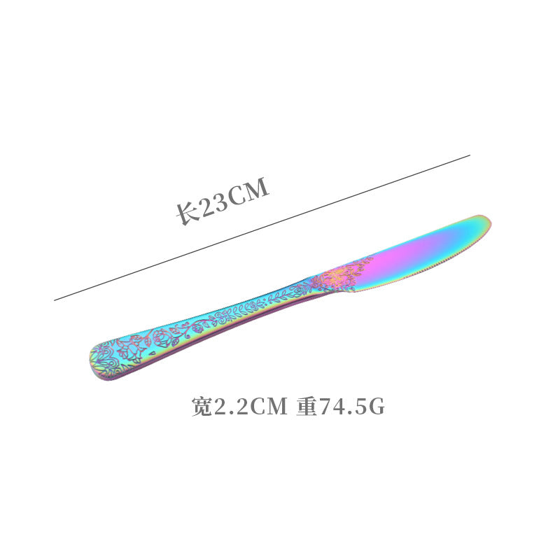 Vintage Pattern National Trend Stainless Steel Cutlery Set Five-Piece Set Western Steak Knife Fork Spoon Dessert Spoon Fork