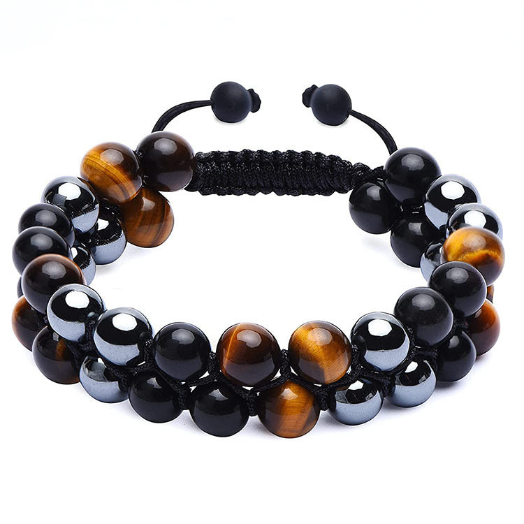 Men's Double Layer Braided Bracelet with Shiny Magnetic Stone Natural Stone Tiger Eye Double Row Braided Bracelet