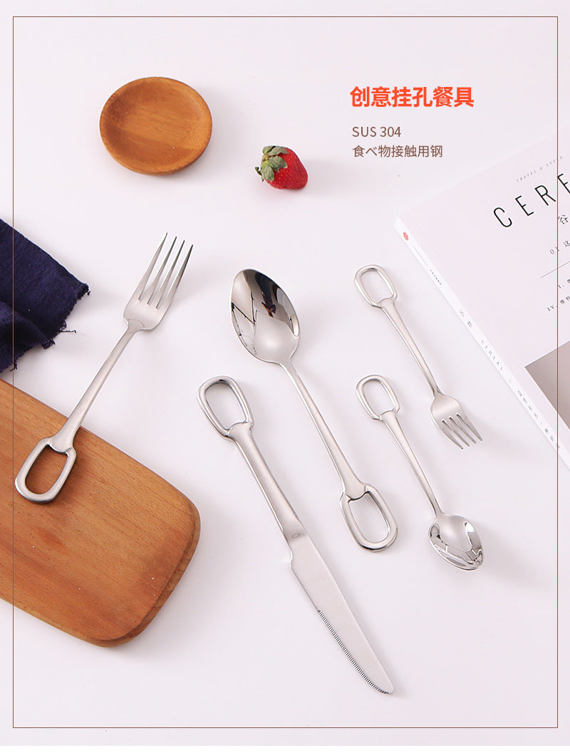 304Stainless Steel Western Cutlery Set with Rings, Steak Knife, Fork, Spoon, European Style Hanging Hole Tea Spoon with Tail Set