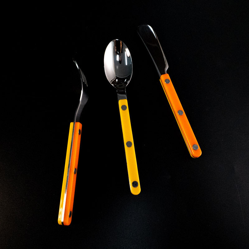 304Mirror Finish Western Tableware Set Color Block Two-Tone Handle Butter Knife Fork Spoon Clip Handle Steak Dessert Spoon Fork