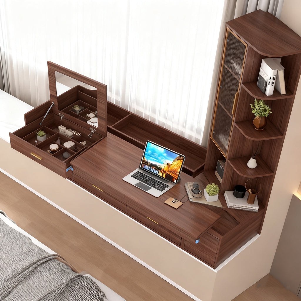 Full House Aluminum Alloy Bay Window Cabinet Computer Desk Push-Pull Extendable Desk Bedroom Balcony Makeup Desk Book Integrated Cabinet
