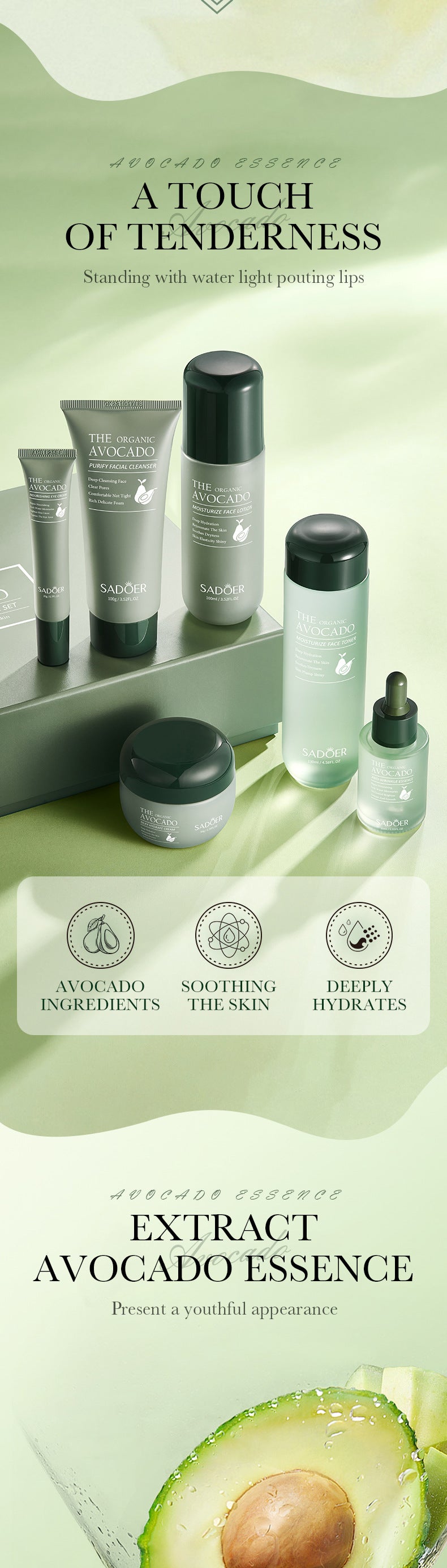 Full English Avocado Skincare Set SADOER Cleansing, hydrating, and moisturizing six-piece set for  foreign trade wholesale