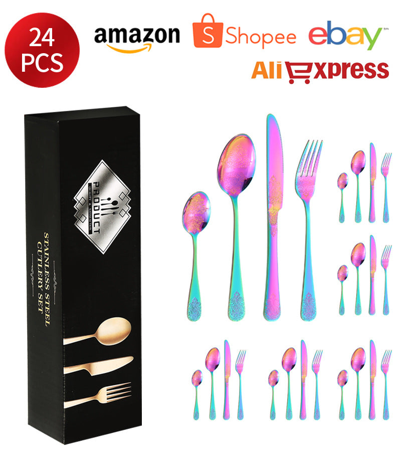 Stainless Steel Cutlery Set1010Double Flower Relief Knife, Fork, and Spoon24Set of Western Steak Knives and Forks