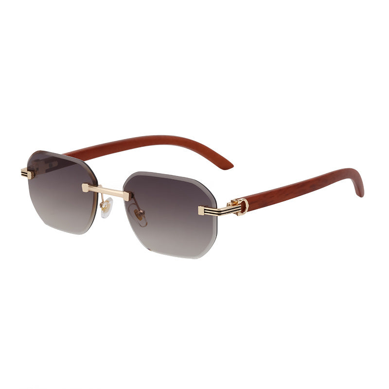 【Customization】Diamond Cut Rimless Glasses for Men, European and American Retro Style, Imitation Wood Grain Temple Sunglasses, Sun Protection Sunglasses