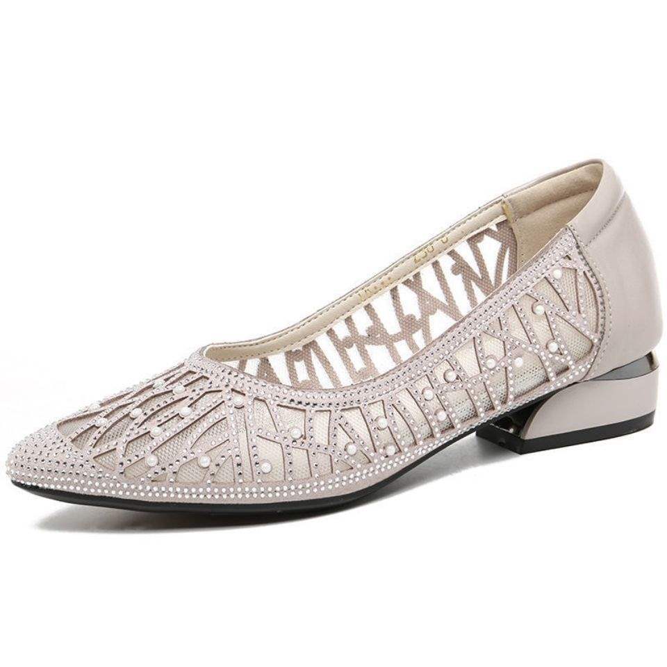 Women's Rhinestone Soft Leather Sandals2025Summer New Flat Hollow Mesh Shoes Shallow Mouth Mesh Single Shoes for Women