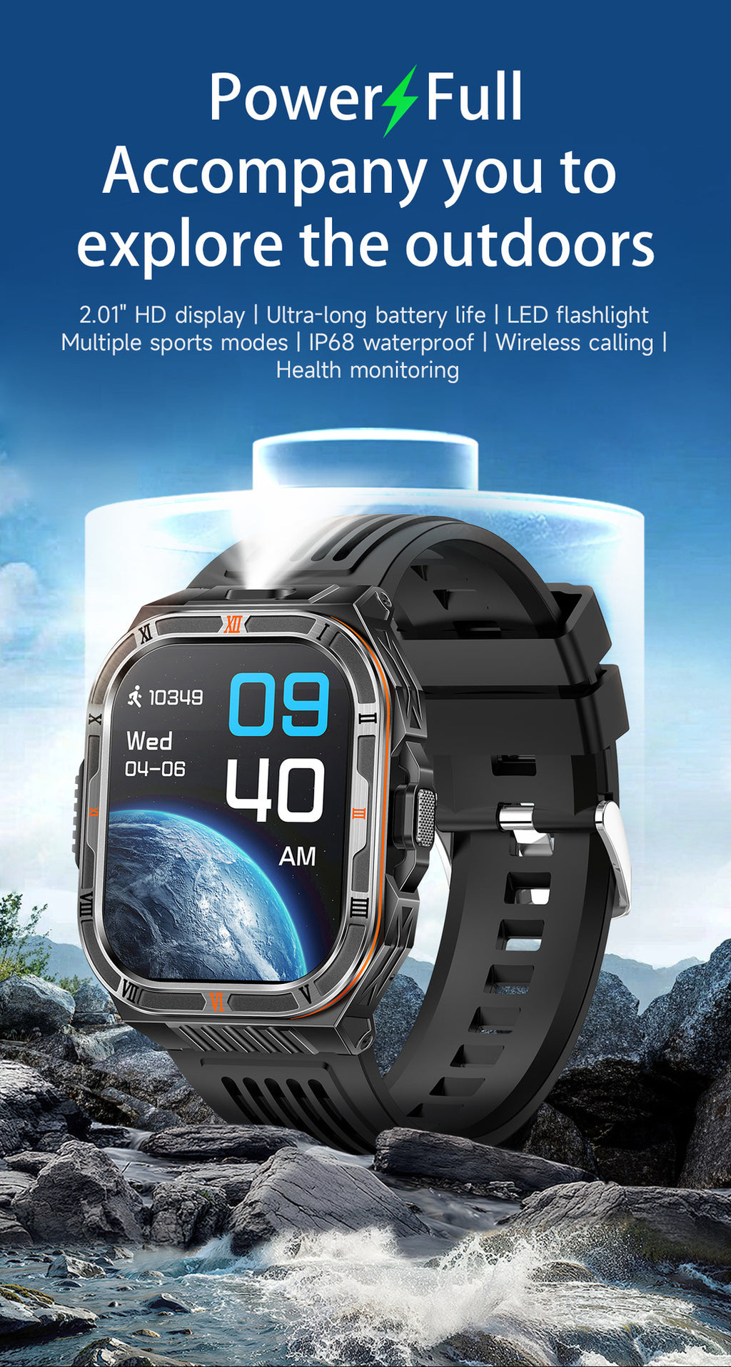 HT38Smart Watch Bluetooth Call Heart Rate Pedometer Sleep Flashlight Deep Waterproof Large Battery Three-Proof Sports