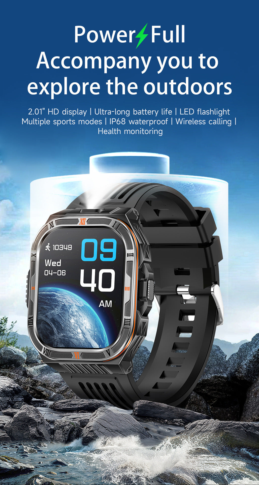 HT38Smart Watch Bluetooth Call Heart Rate Pedometer Sleep Flashlight Deep Waterproof Large Battery Three-Proof Sports