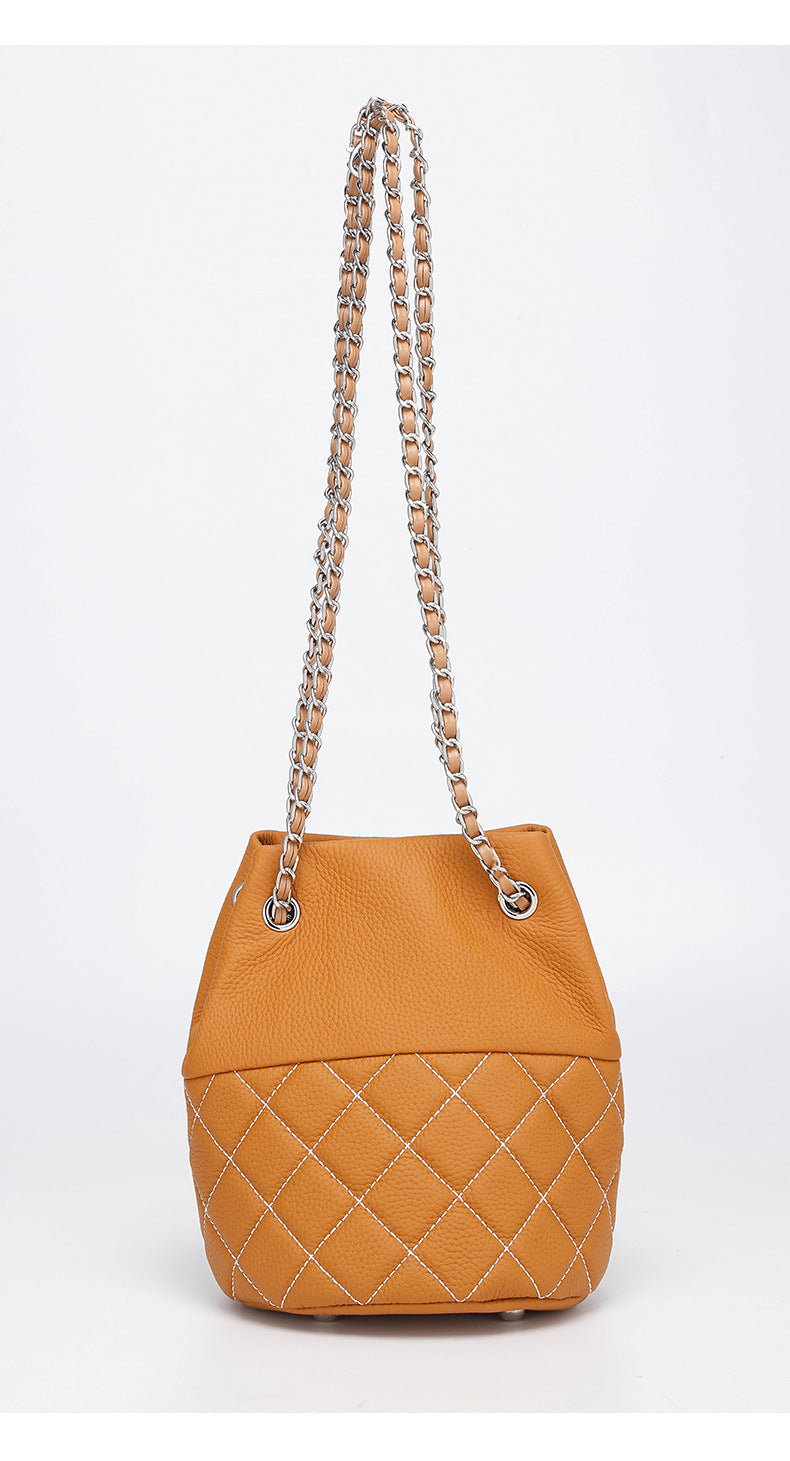 Classic Top Layer Leather Chanel Style Diamond Chain Shoulder Crossbody Women's Bag Fashion Versatile Handheld Bucket Bag for Women