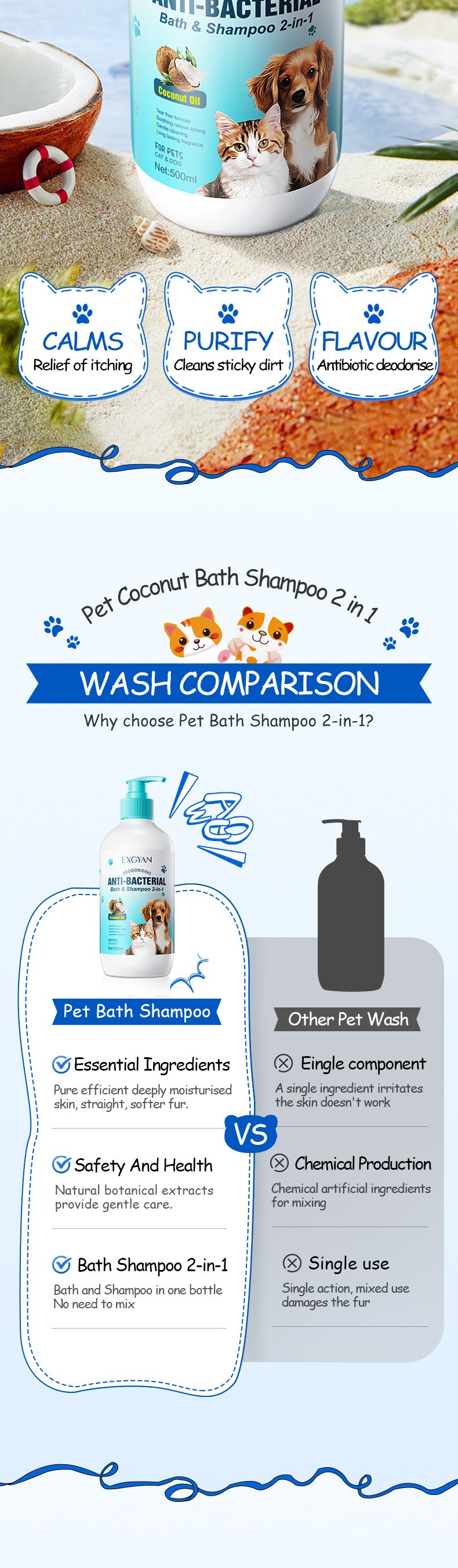 Pet Coconut Bath and Shampoo 2-in-1 EXGYAN Hair Care Cat and Dog Shampoo Cross-Border Wholesale