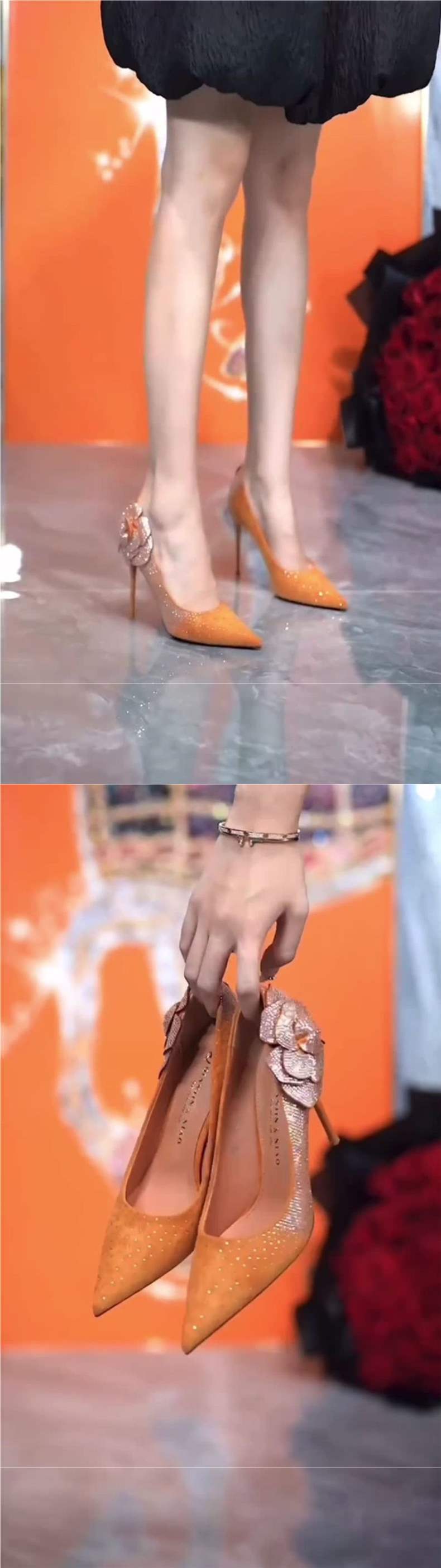 Pointed Toe Rhinestone Design High Heels2025Early Spring New Flower Diamond Red Sole Sexy Stiletto Shoes for Women