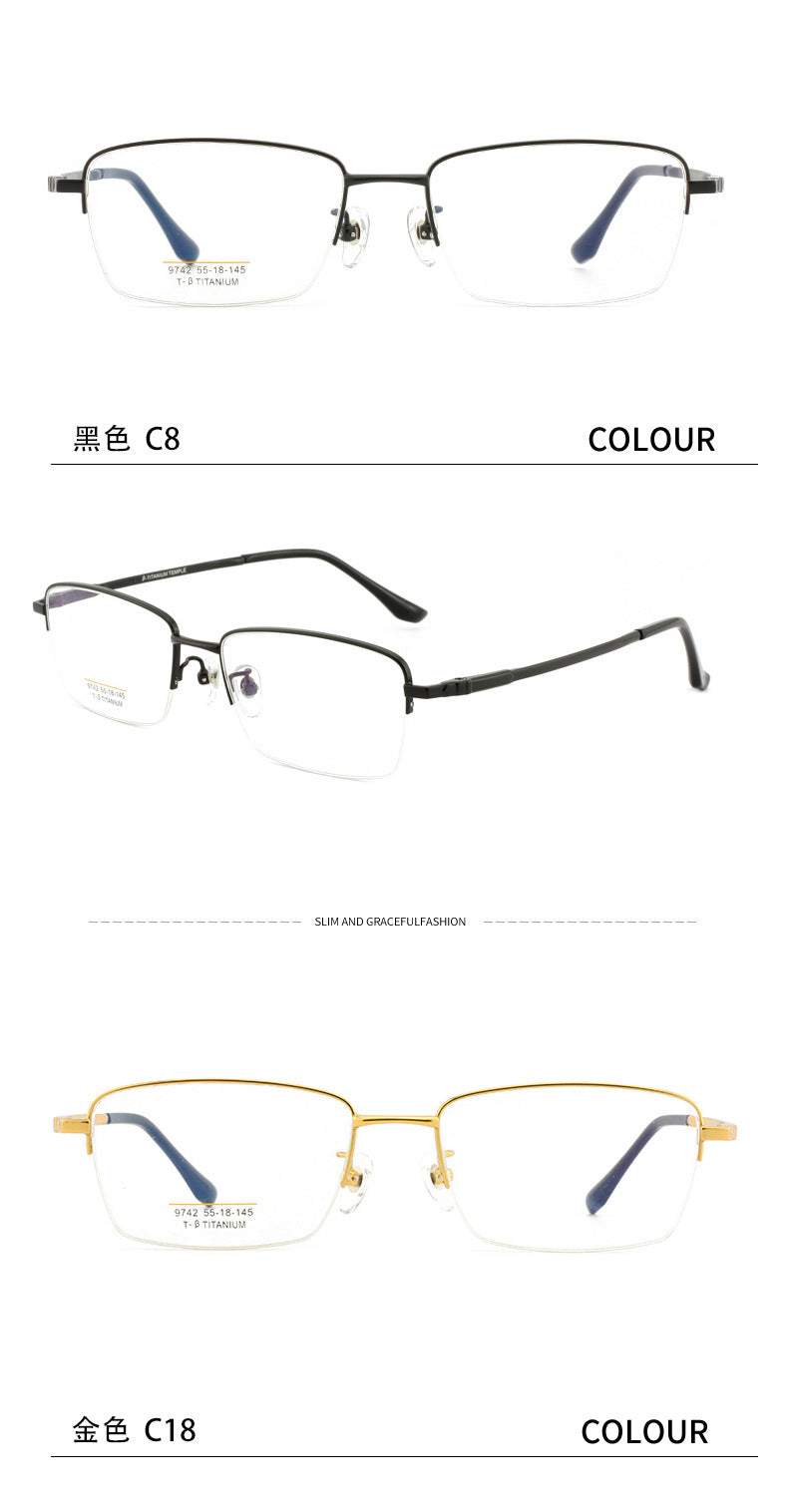 Men's Half Titanium Frame Business Commuting Titanium Men's Business Glasses Frame Metal Frame Non-Prescription Glasses Light Luxury Style Large Frame