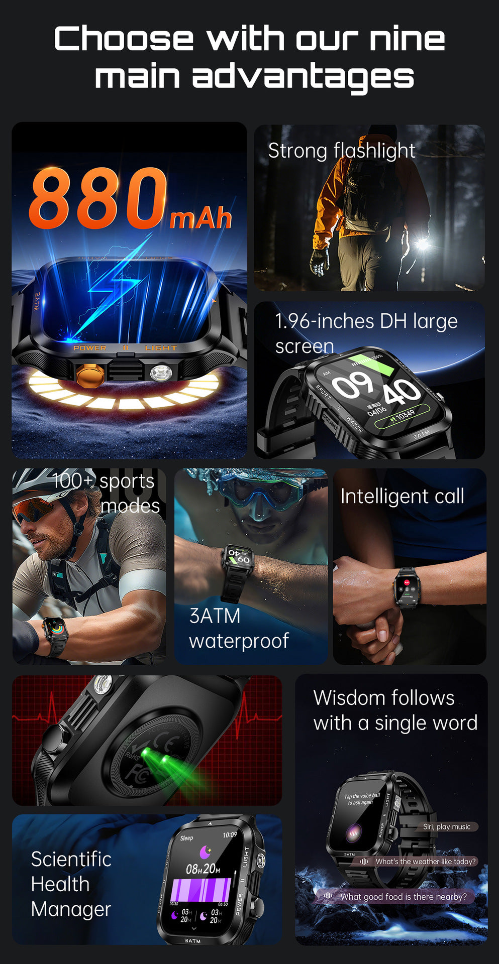 KT89Smart Watch Bluetooth Call True Heart Rate Step Sleep Flashlight Deep Waterproof Three-Proof Sports Reminder