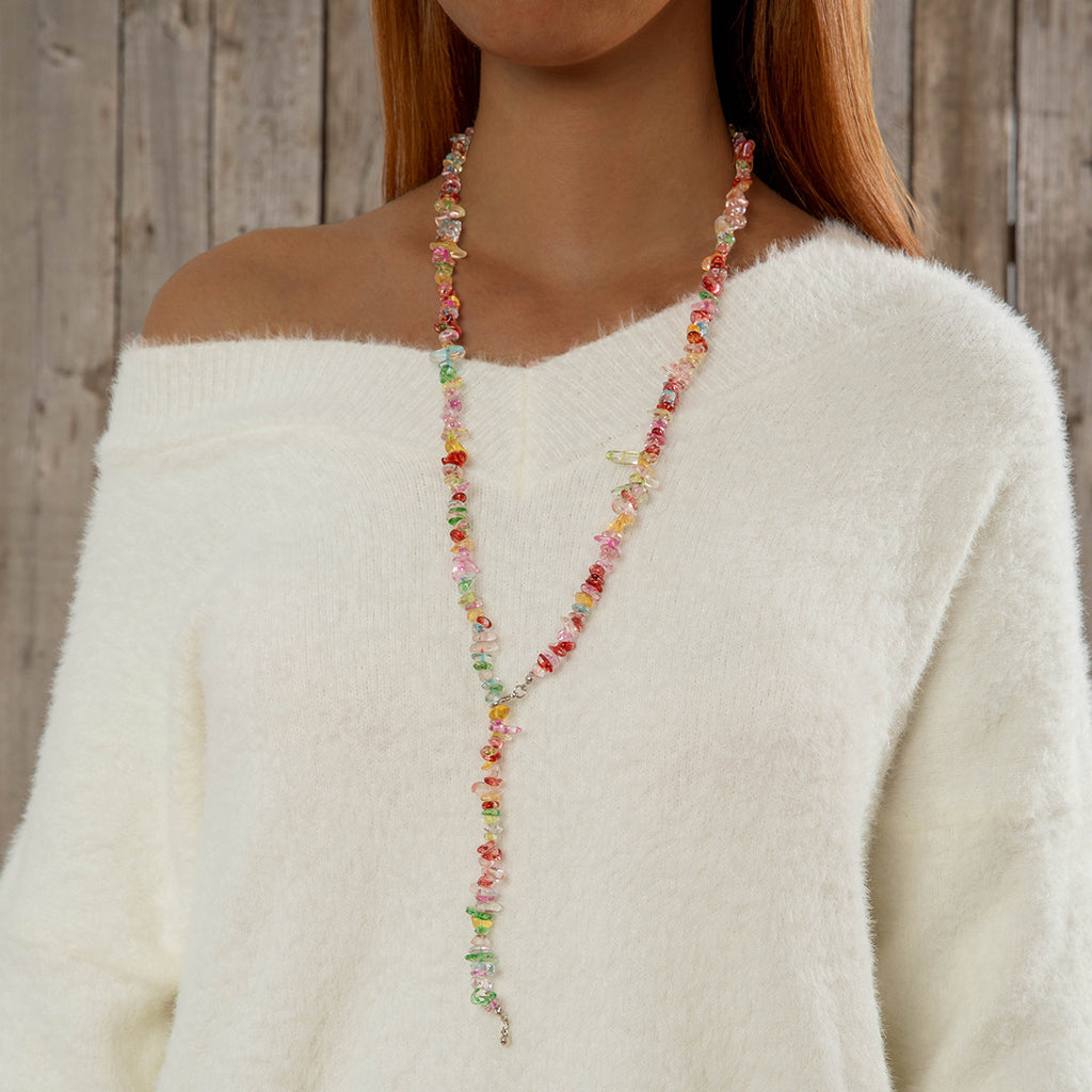 Simple Colorful Beaded Tassel y Chain Necklace Elegant Versatile Diamond-Studded Sweater Chain Jewelry