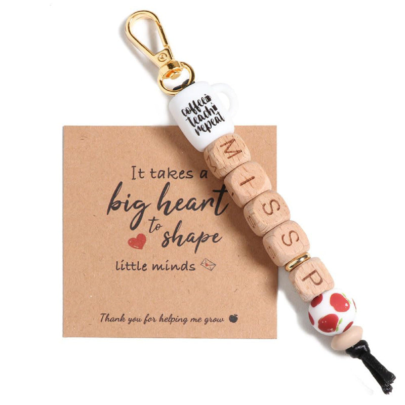 Teacher Appreciation Water Bottle Pendant Thank You Teacher Apple Ornament MISS Letter Square Wooden Bead Keychain Jewelry Accessories