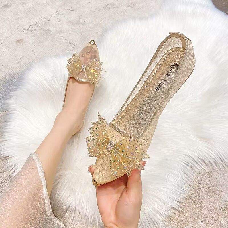 Women's Summer Mesh Single Shoes2025New Rhinestone Bow Gentle Style Lady Shoes Flat Breathable Mesh Shoes Pointed Toe