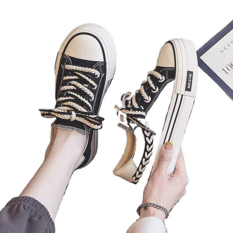 Women's Canvas Shoes2025Autumn New Wheat Spike Niche Design Campus Black Women's Shoes Versatile Casual Sneakers