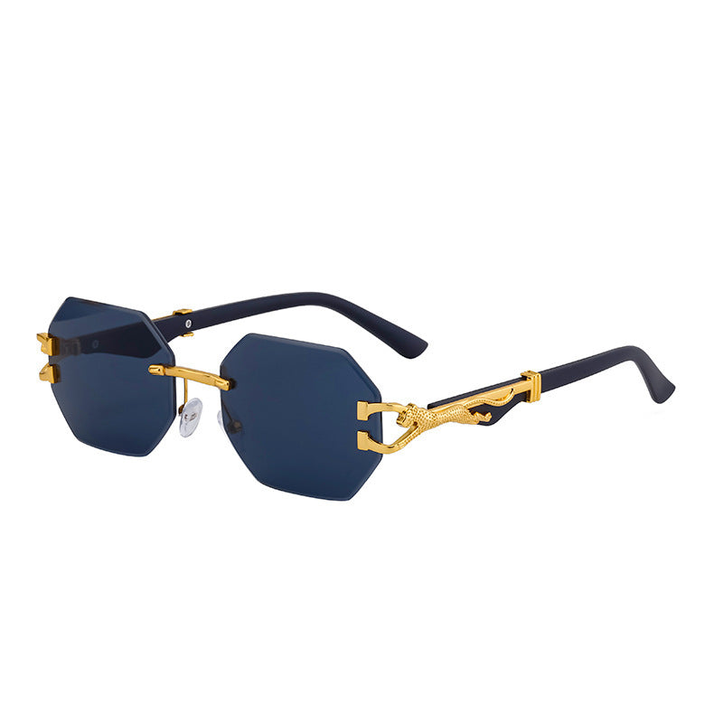 New European and American Retro Frameless Sunglasses for Men with Imitation Wood Grain Temples Wholesale Glasses shades