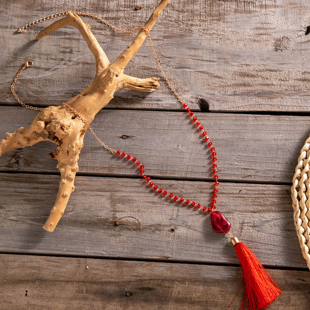 Simple Colorful Beaded Tassel y Chain Necklace Elegant Versatile Diamond-Studded Sweater Chain Jewelry