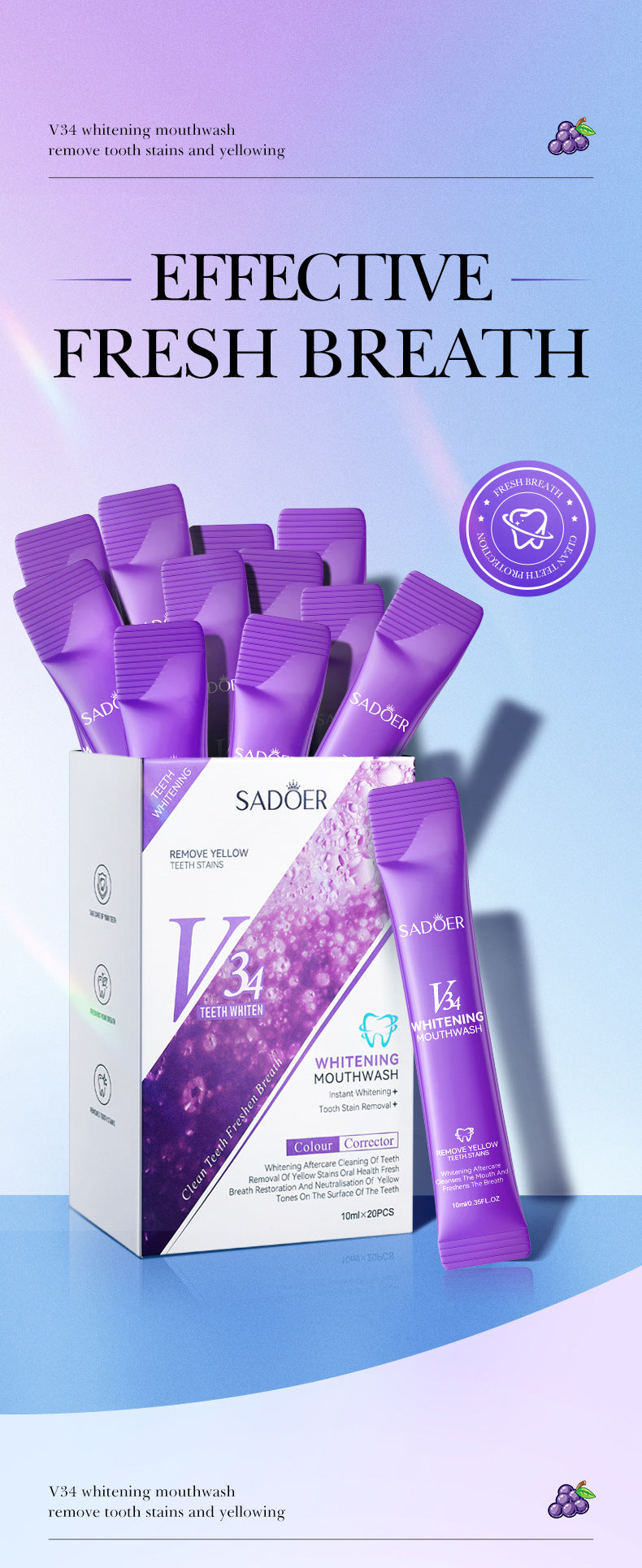 V34Whitening Mouthwash SADOER Clean Teeth Oral Fresh Mouthwash Cross-Border Wholesale
