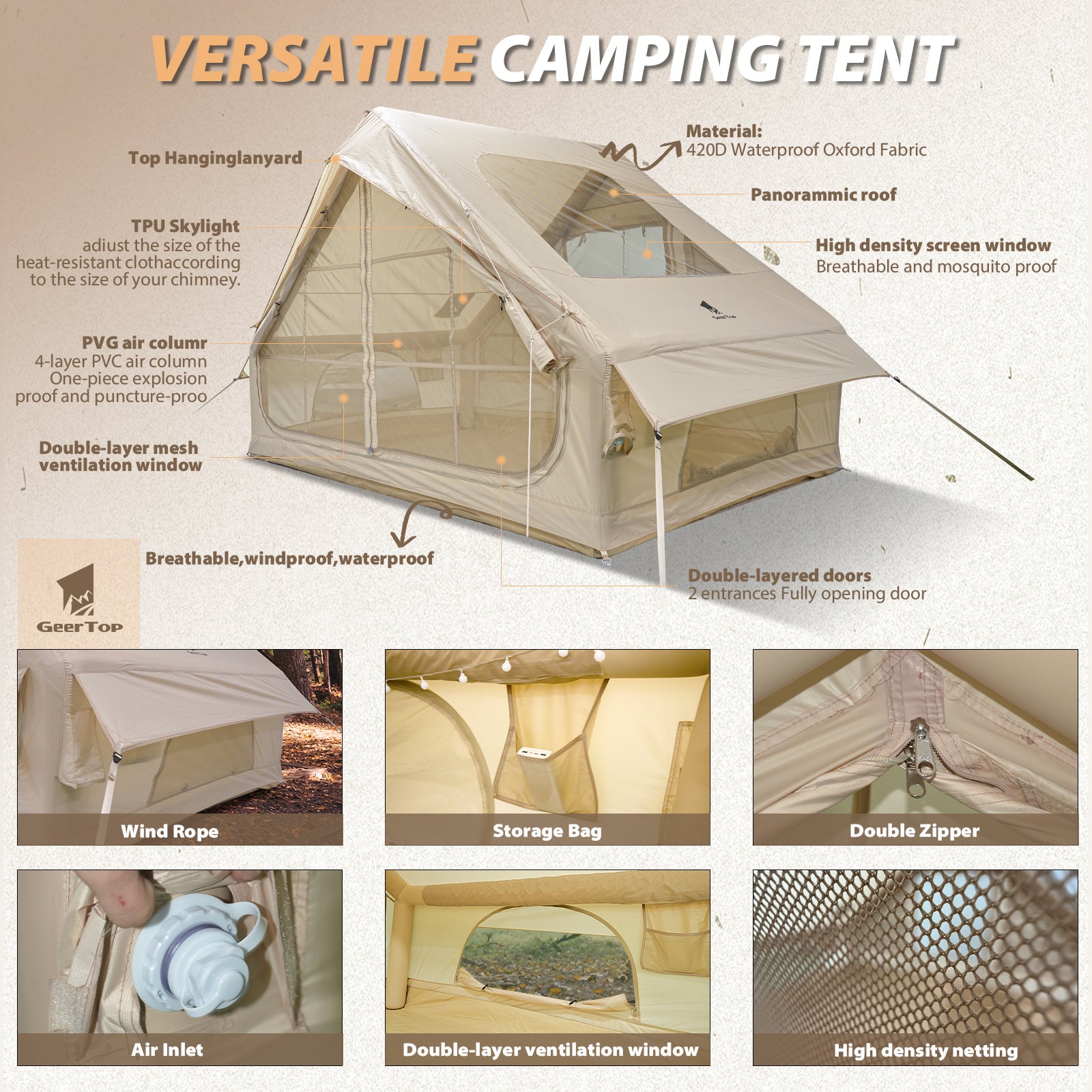 6.3㎡Inflatable Tent Outdoor Camping Oxford Cloth Light Luxury Family Camping Small House Camp Tent3-4People