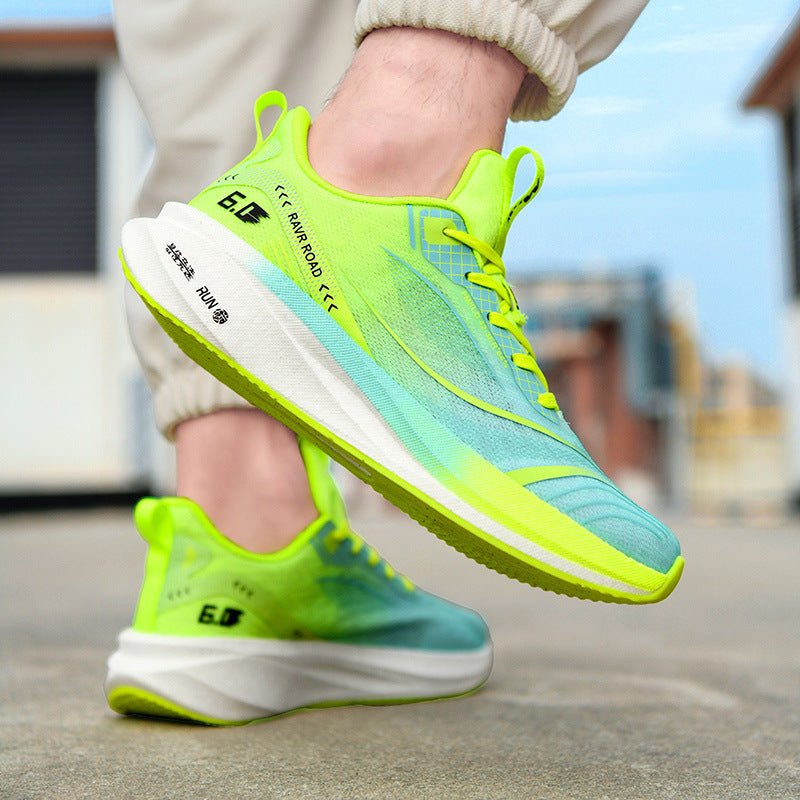 Summer New National Trend Sports Shoes Couple Breathable Student Running Shoes Popcorn Carbon Plate High Elastic Shock Absorption Men's Shoes