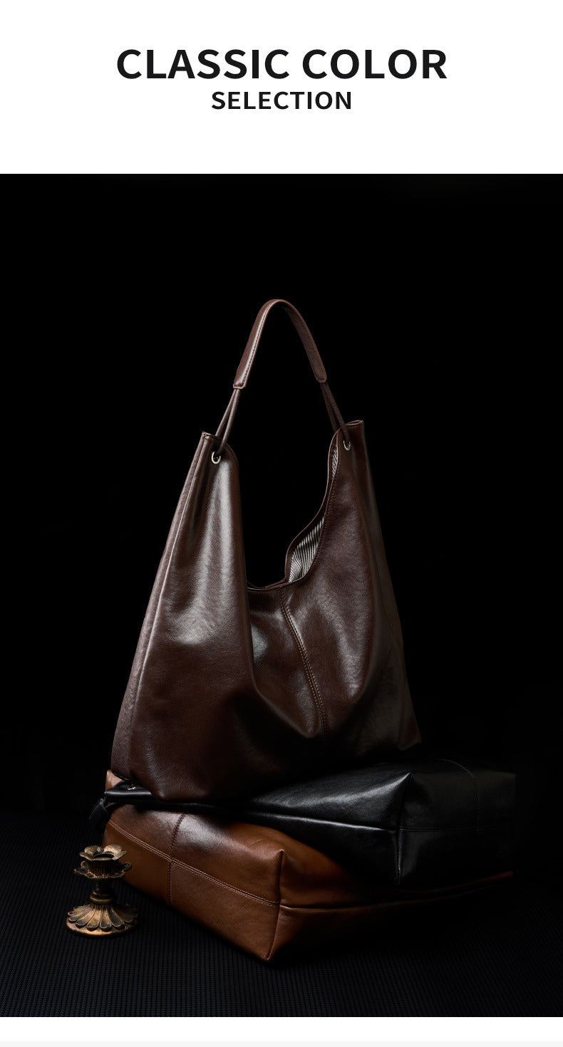 New Vegetable-Tanned Leather Trendy Large-Capacity Textured Tote Bag Versatile Shoulder Bag for Class and Commuting