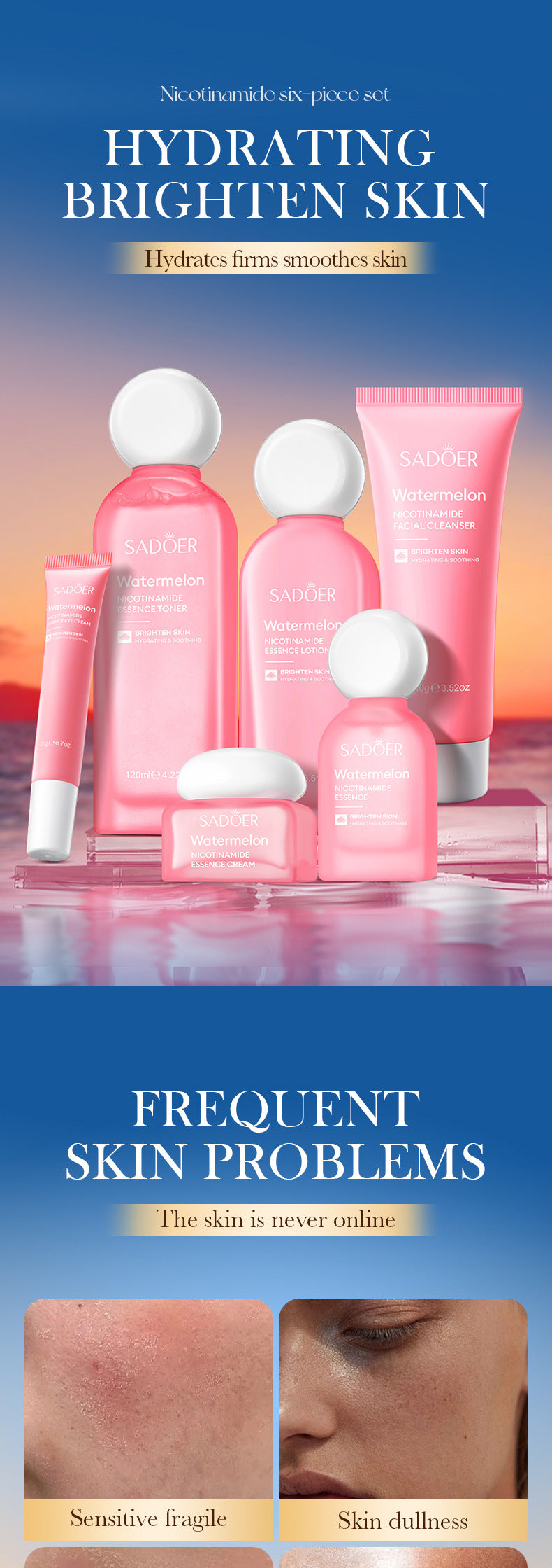 Full English Watermelon Niacinamide Six-Piece Set SADOER Moisturizing and Hydrating Set Box  Wholesale