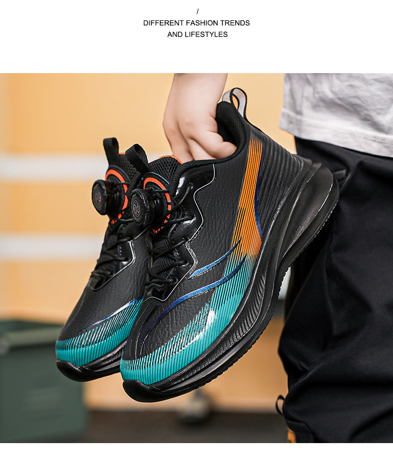 Red Rabbit Rotating Button Children's Shoes Leather Surface Waterproof Middle and Large Children Student Running Shoes Shock Absorption Lightweight Sports Shoes Comfortable