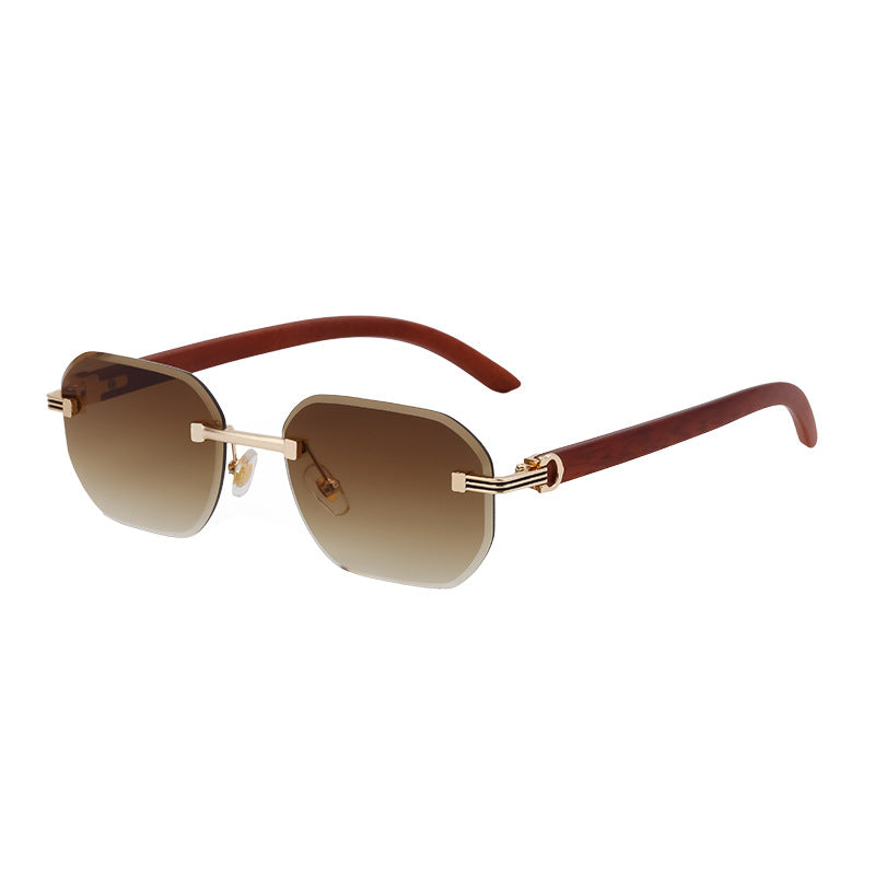 Frameless Glasses for Men High-End European and American Retro Imitation Wood Grain Temple Sunglasses UV Protection Personality Sunglasses