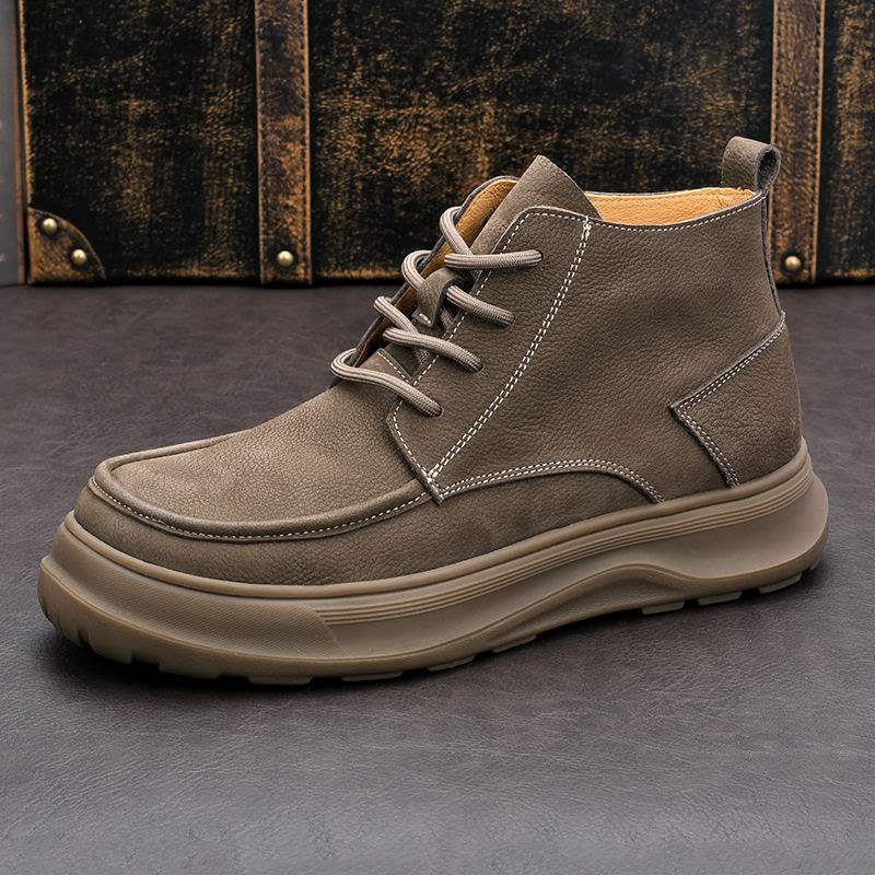 Men's Shoes New Retro Leather Shoes Warm Casual Men's Fleece-Lined Height-Increasing Leather Boots Trendy Martin Boots