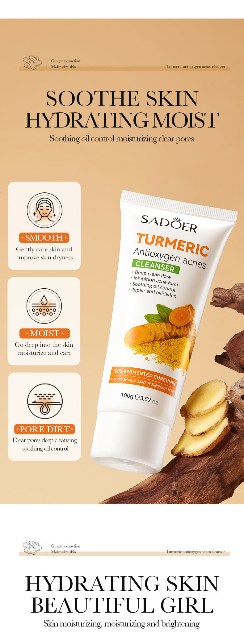 Full English Turmeric Skincare Set SADOER Cleansing, moisturizing, hydrating five-piece set for  foreign trade wholesale