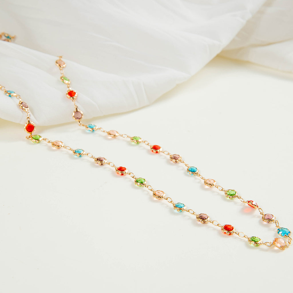 Simple Colorful Beaded Tassel y Chain Necklace Elegant Versatile Diamond-Studded Sweater Chain Jewelry