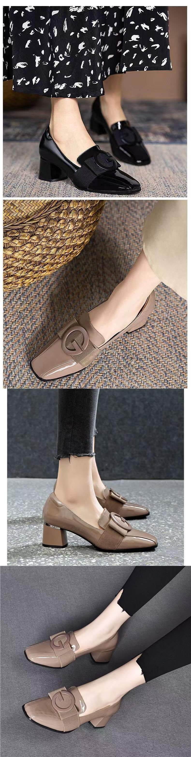 Soft Leather Patent Leather New Style Women's Shoes Fragrance Style Korean Version Square Toe Elegant Small Leather Shoes Versatile Soft Sole Chunky Heel Loafers for Women
