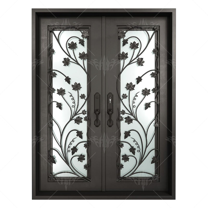 Antique Decoration Flower Front Double Black Old Wrought Exterior Catalogue Iron Door for Sale
