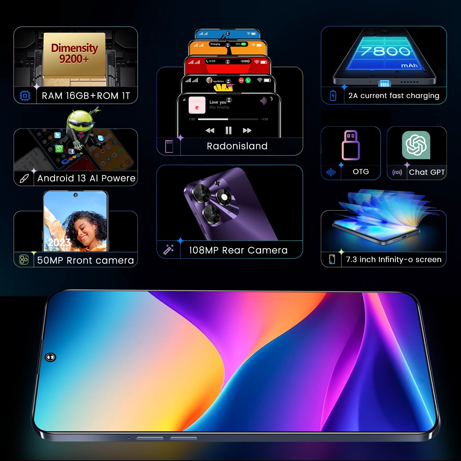 Mobile Phone Spark10 Pro 7.3Inch Large Screen16+1T Factory Price for Android Phones(Popular)