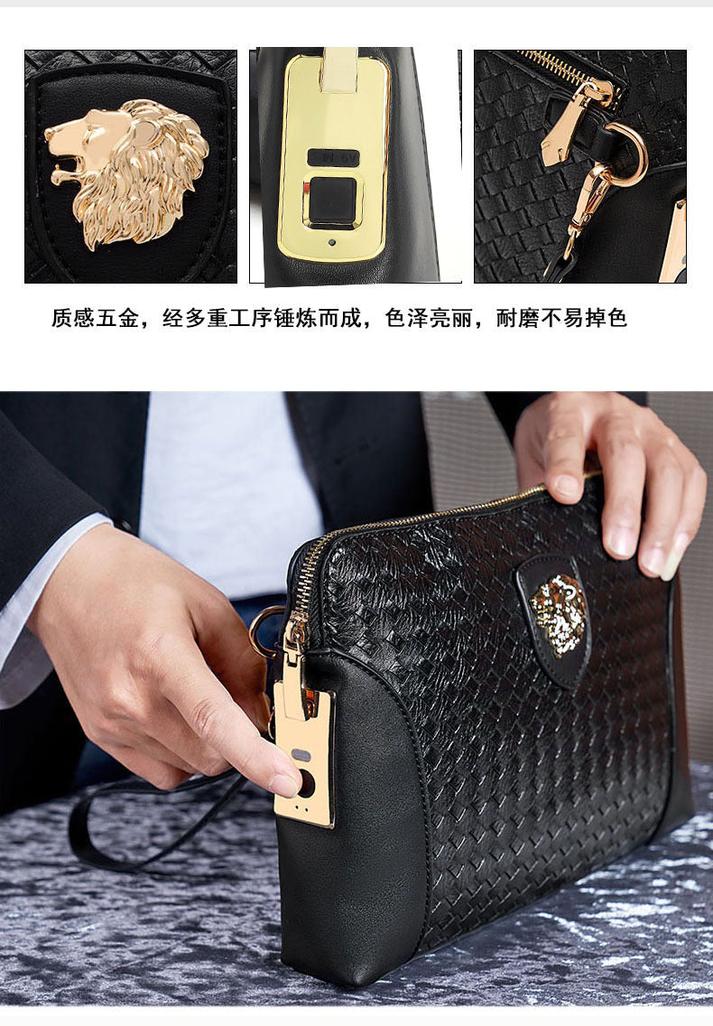 Fingerprint Lock Clutch Bag Large Capacity Business Men's Genuine Leather Handheld Luxury Woven Clutch Portable Fingerprint Unlock