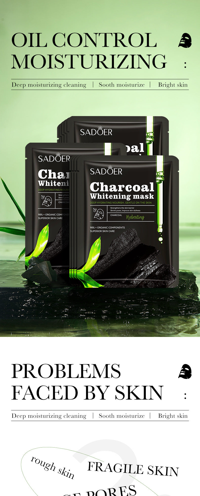 Full English Bamboo Charcoal Black Mask SADOER Whitening, hydrating, moisturizing, brightening face mask sheet  wholesale