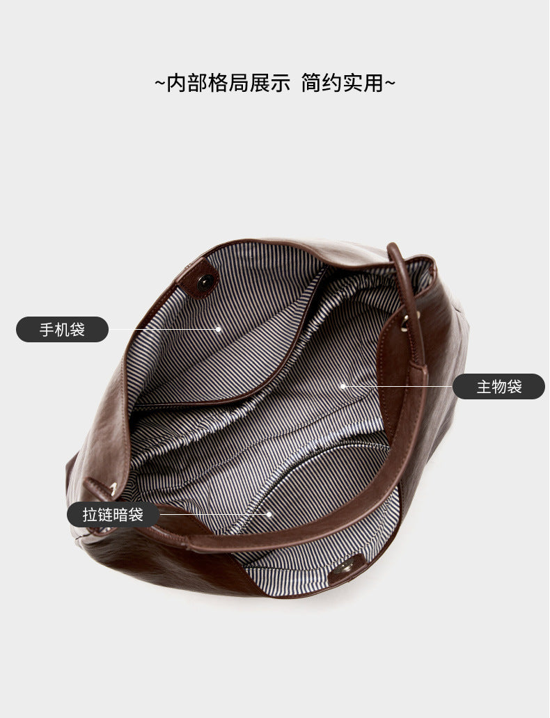 New Vegetable-Tanned Leather Trendy Large-Capacity Textured Tote Bag Versatile Shoulder Bag for Class and Commuting