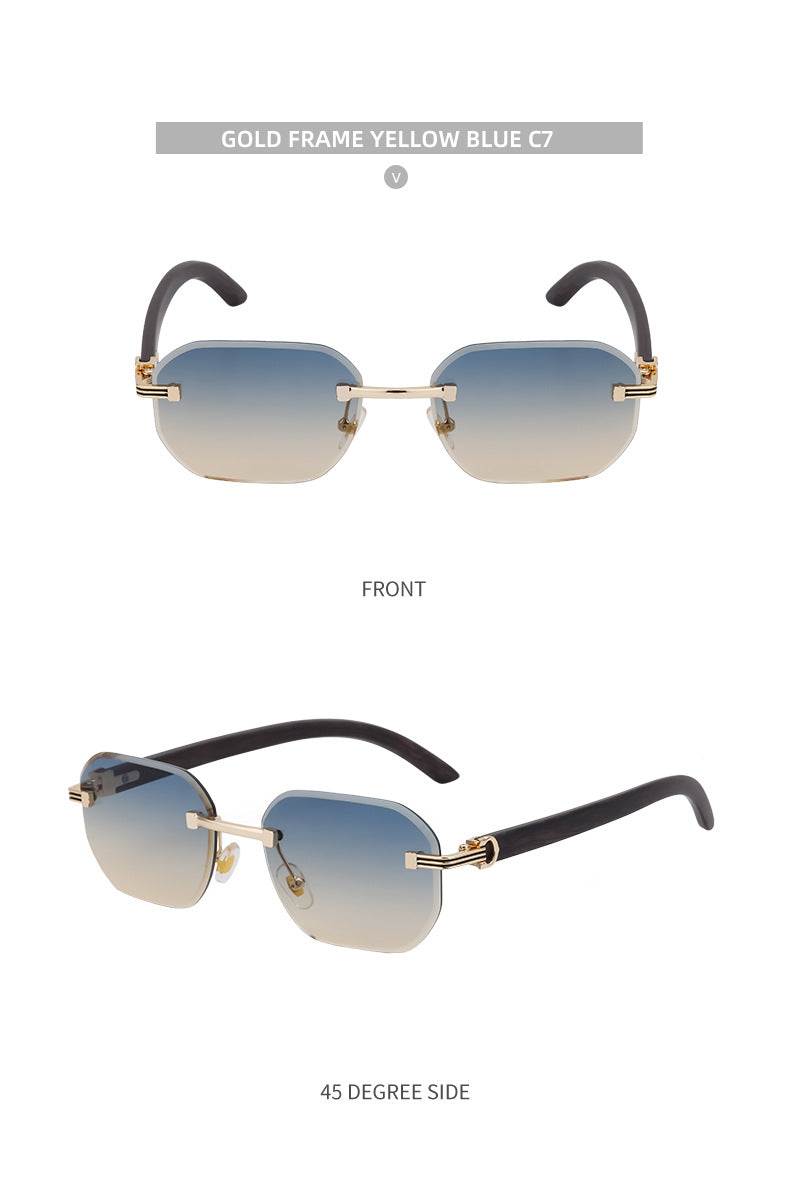 【Customization】Diamond Cut Rimless Glasses for Men, European and American Retro Style, Imitation Wood Grain Temple Sunglasses, Sun Protection Sunglasses